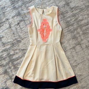 Sugar lips A line dress. Cream w/neon & navy trim